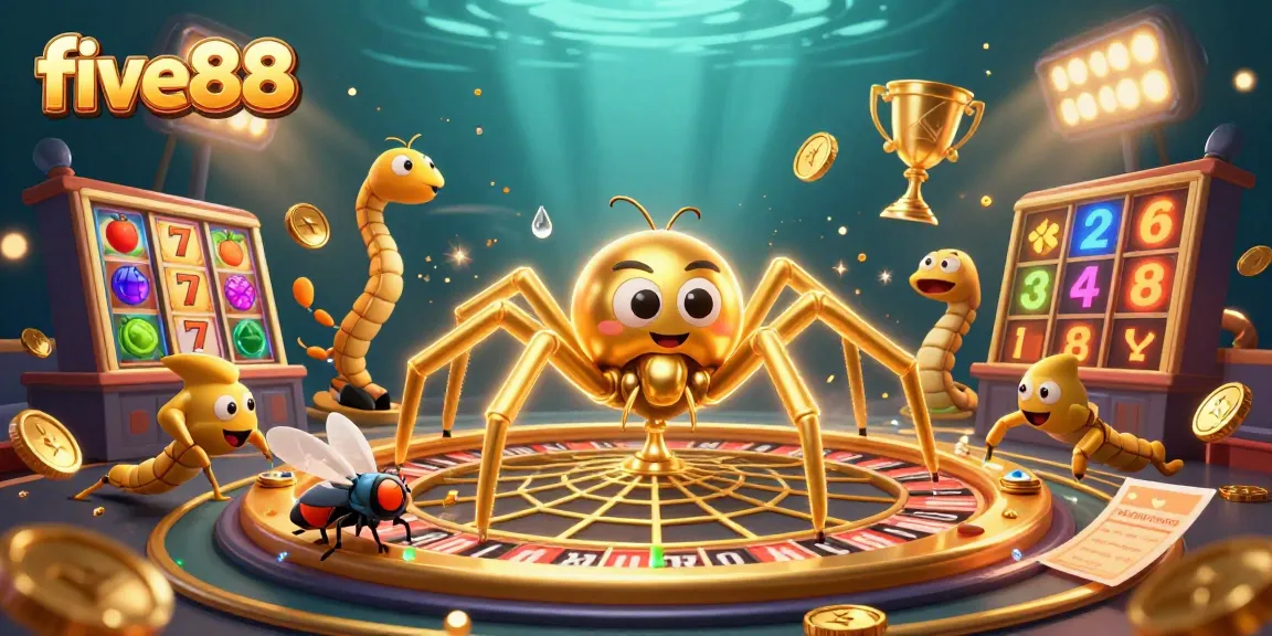 Bet on slots with five88's thrilling golden web roulette design featuring animated characters.