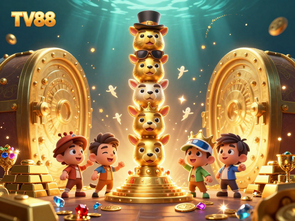 Experience winning at TV88 with a vibrant casino-themed illustration featuring a golden totem and treasure.
