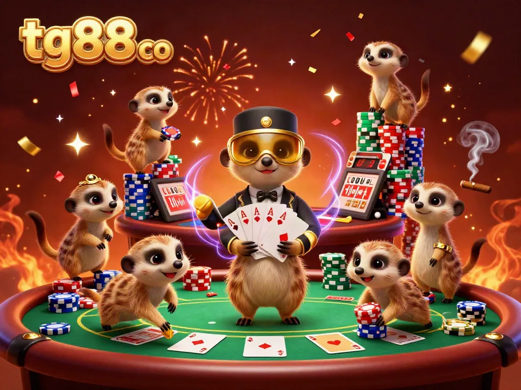 Experience the thrill of tg88 co with meerkats managing an exciting casino operation, surrounded by chips and cards.