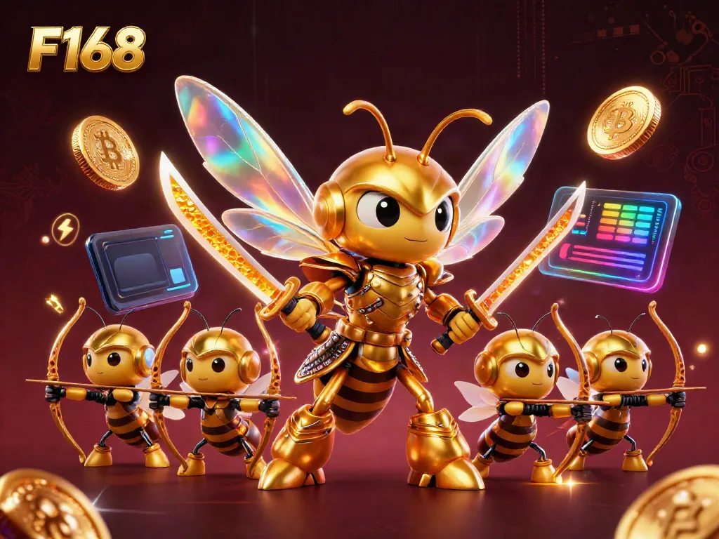 Experience F168's dynamic gaming with colorful characters and cryptocurrency elements in this vibrant illustration.
