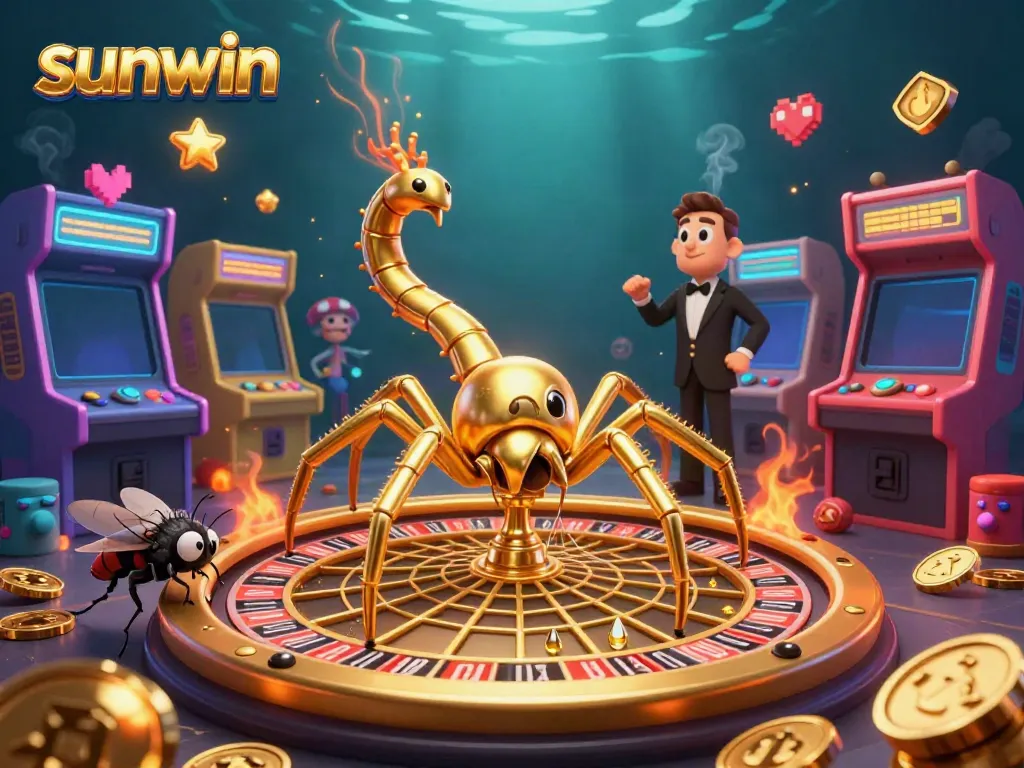 Experience thrilling bets on sunwin as a fly nervously places wagers at a roulette wheel web spun by a golden spider.