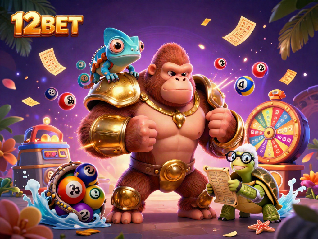 Experience the thrill of 12BET with dynamic gaming elements and vibrant characters in this captivating illustration.