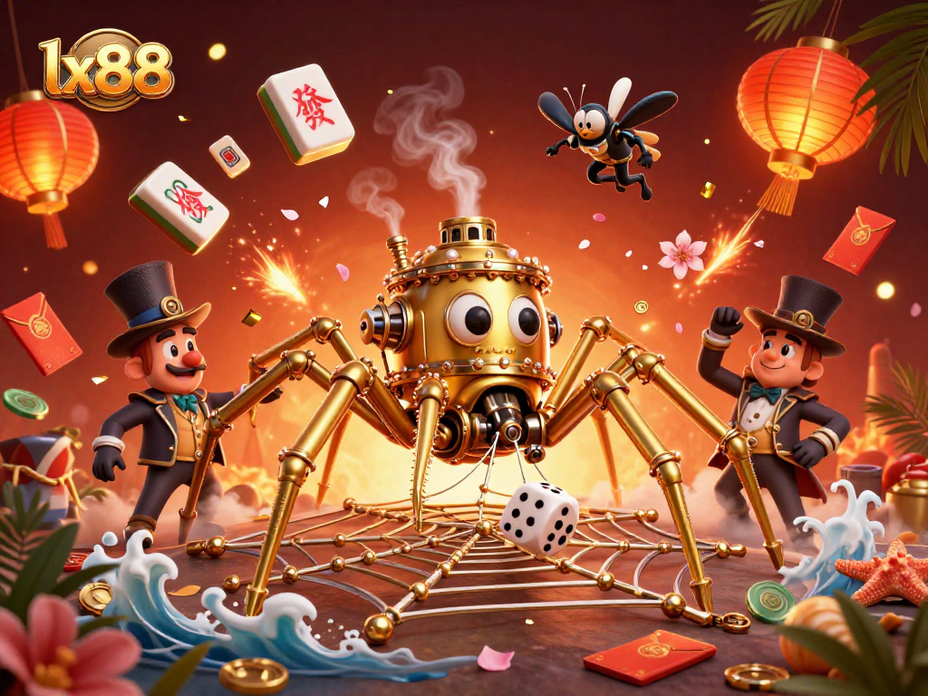 Experience the vibrant world of lx88 with a stunning steampunk spider and playful elements in 3D.