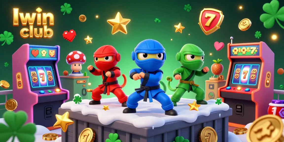 Iwin club showcases an exciting scene with ninja chameleons, arcade machines, and vibrant casino elements.