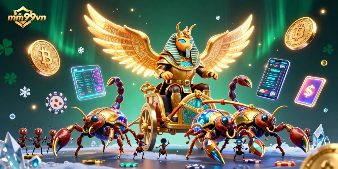 Experience the magic of mm99vn with a colossal golden scarab beetle in a vibrant casino scene.