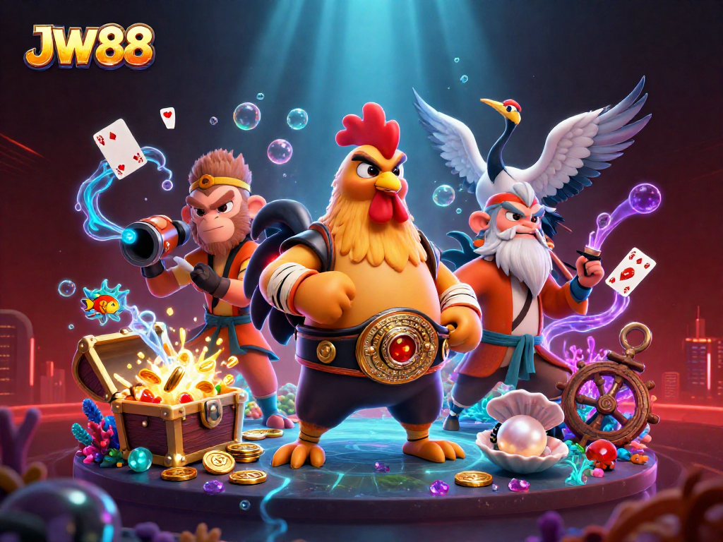 Engage in thrilling online gaming with JW88's vibrant and dynamic casino scene illustration.
