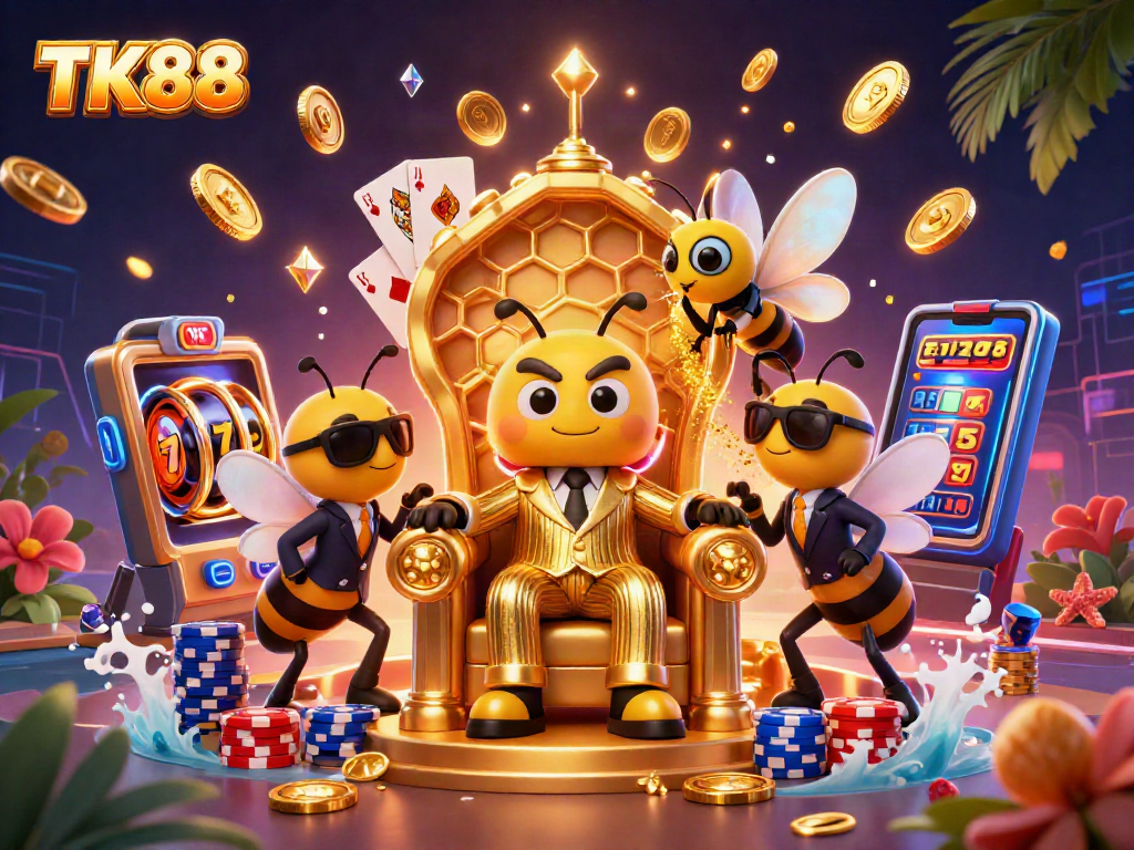 Experience the thrill of winning with TK88's slot machine jackpot counters and vibrant casino scene.