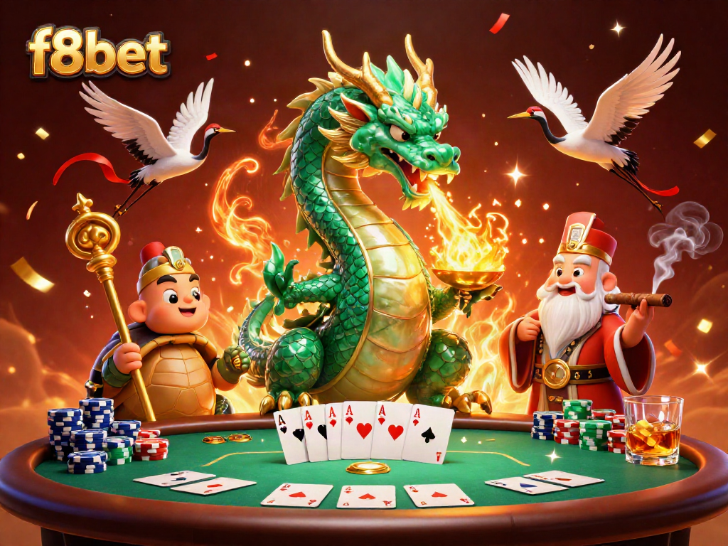 Celebrate big wins with f8bet's vibrant casino adventure featuring a jade dragon and poker elements.