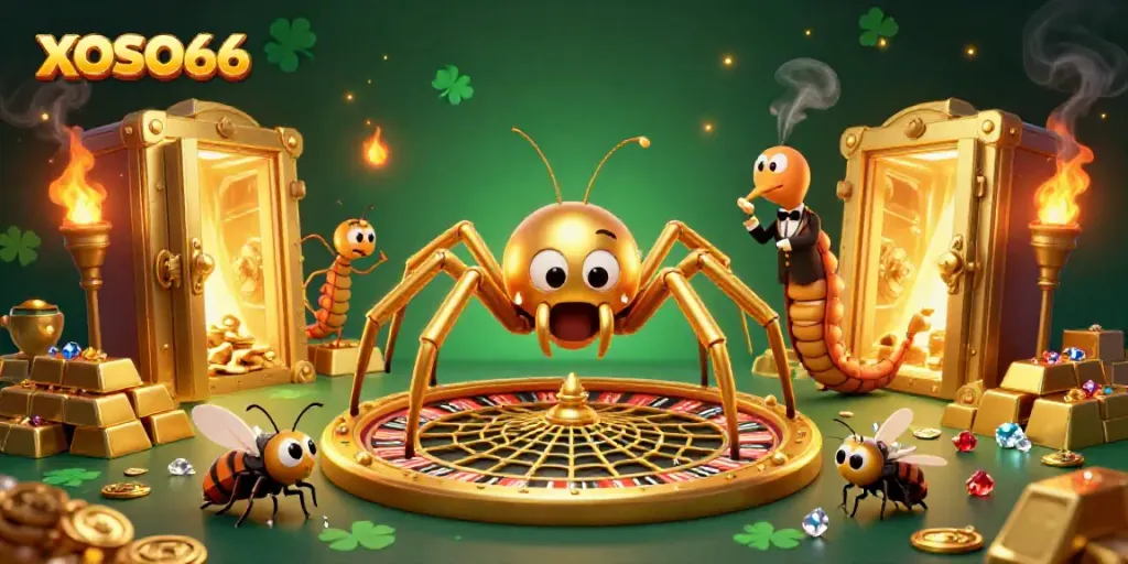 XOSO66 spins luck with a spider and croupier amidst golden riches and roulette.