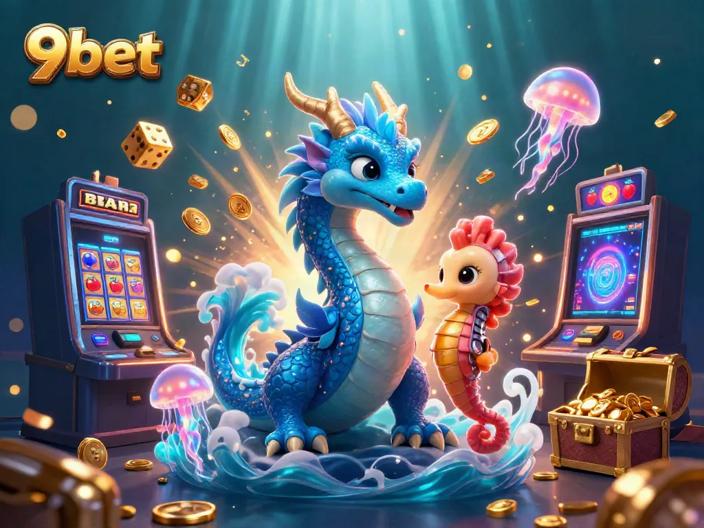 Engage with 9bet's vibrant casino world featuring a water dragon and thrilling game elements.