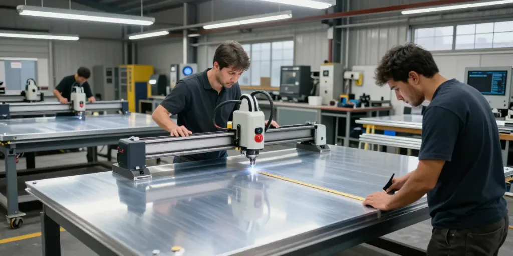 Aluminium fabrication workshop with skilled workers cutting and welding metal.