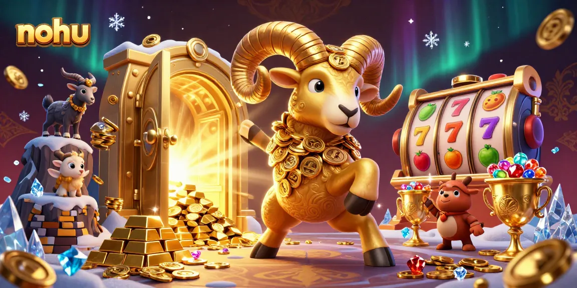 Nohu casino scene featuring a golden ram charged with coins, surrounded by vibrant slot reels and treasure