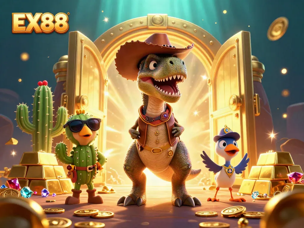 Engage in EX88 gaming excitement with vibrant 3D characters and casino treasures.