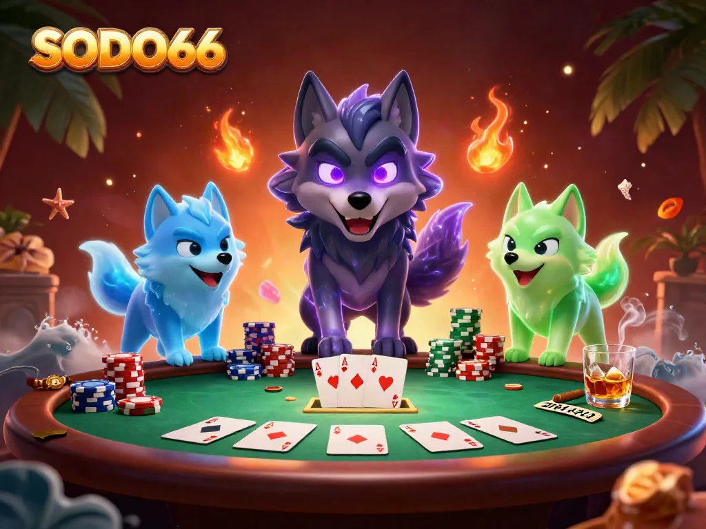 SODO66 players engaged in a thrilling poker game featured with dynamic elements and vibrant colors.