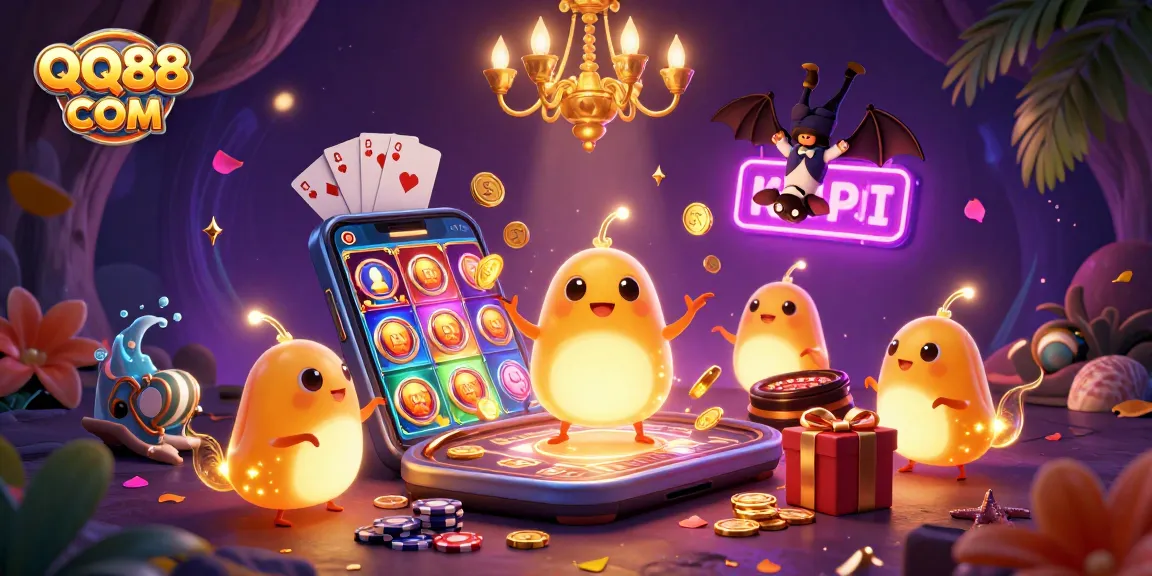 Experience the excitement of QQ88 COM with a vibrant casino scene illuminated by glowworms and a bat dealer.