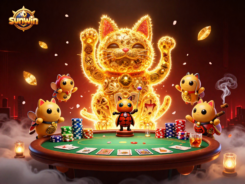 Experience thrilling gameplay at sunwin with a 3D depiction of gambling excitement featuring a lucky cat.