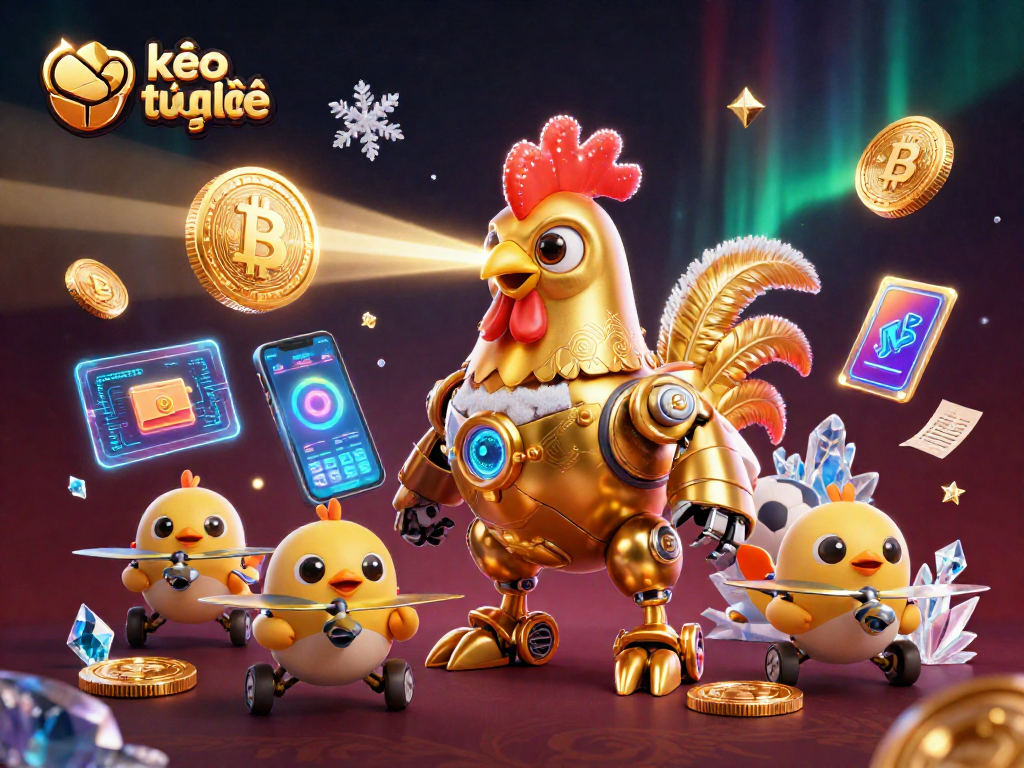Experience kèo trực tuyến with a dynamic scene of a futuristic chicken robot and baby drones among crypto coins.