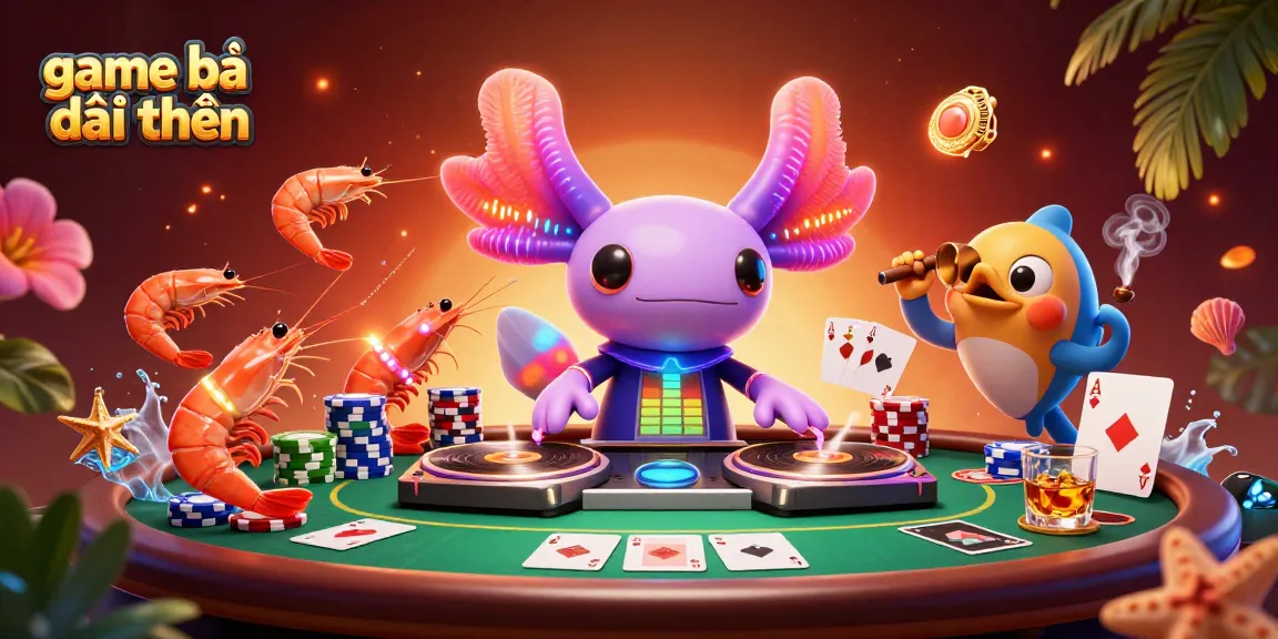 Engage with game bài đổi thưởng in a vibrant underwater casino scene, featuring neon characters and poker elements.