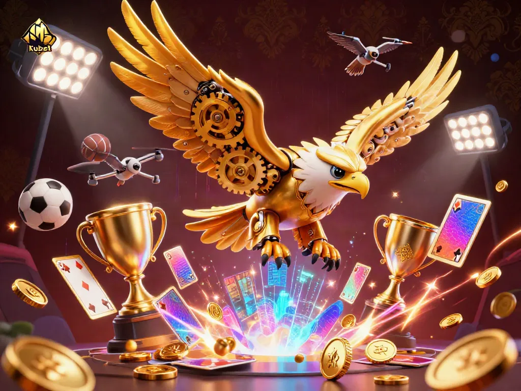 Kubet engages players with a vibrant scene of a cybernetic eagle and dynamic sports elements in this exciting casino illustration.