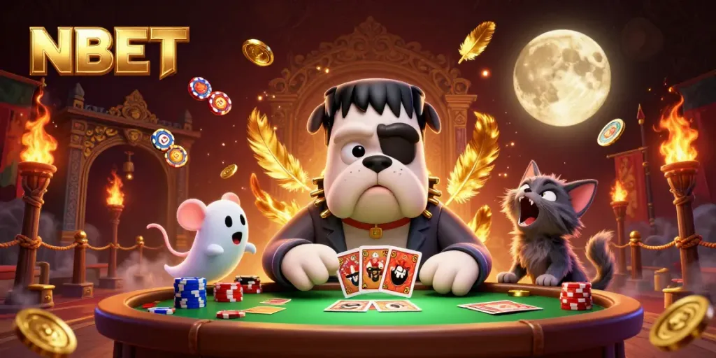NBET showcases a spooky themed casino scene with a bulldog dealer and ghostly elements.