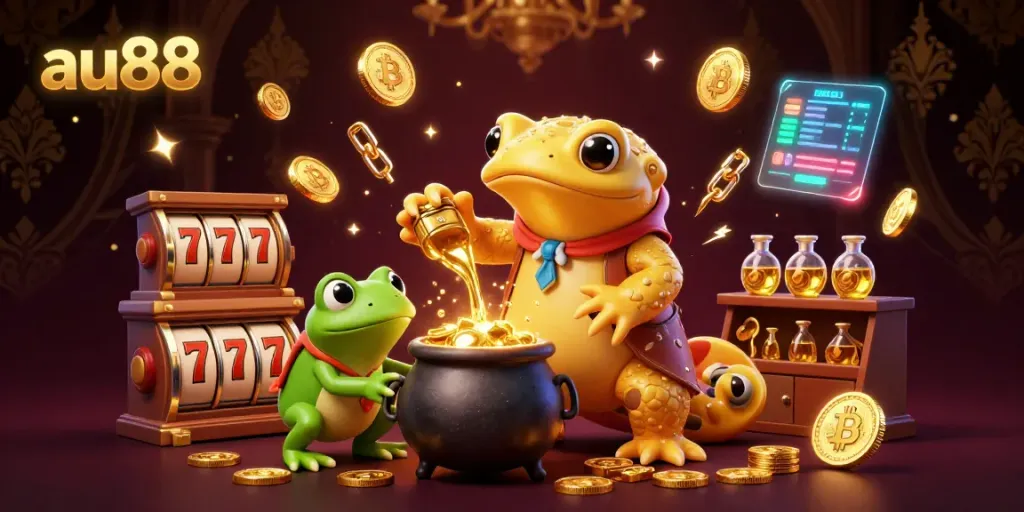 Experience exhilarating gameplay at au88 with a 3D illustration of a magical alchemist and golden treasures.