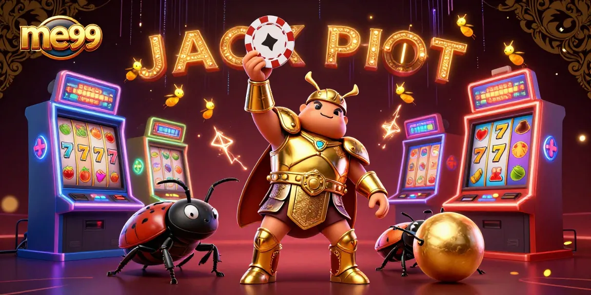 Experience thrilling slots and big wins with me99 in this vibrant casino-themed illustration.