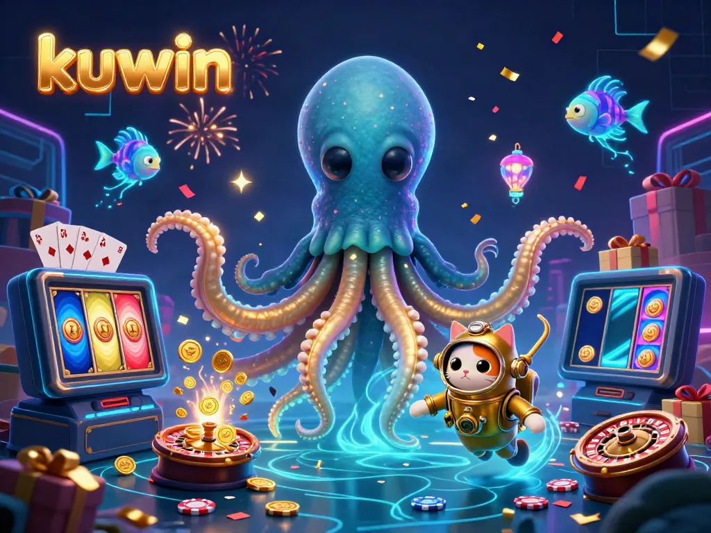 Kuwin’s vibrant casino scene featuring a kraken, diving cat, and deep-sea fish amidst colorful gambling elements.