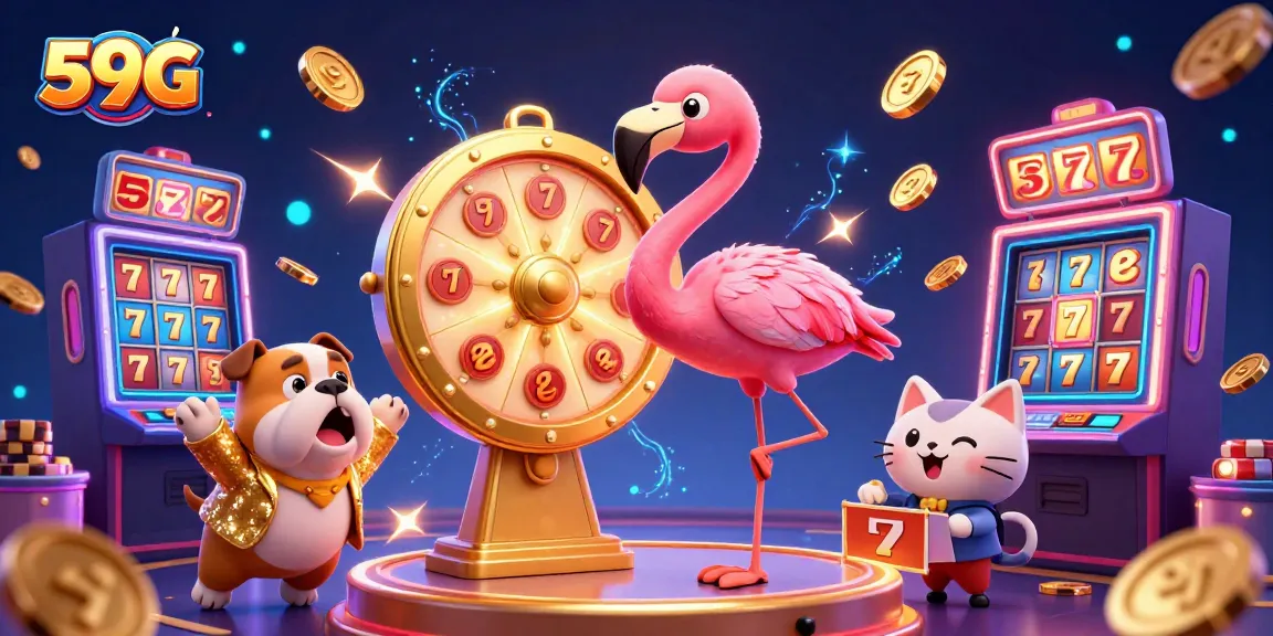 Spin the prize wheel at 59G casino with a lively bulldog contestant and a flamingo host.