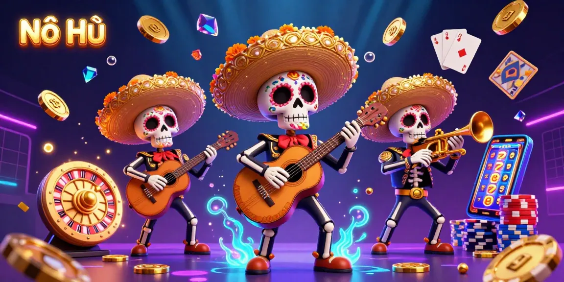 Nổ Hũ promotes a lively 3D illustration of a mariachi band amidst casino games, showcasing excitement.