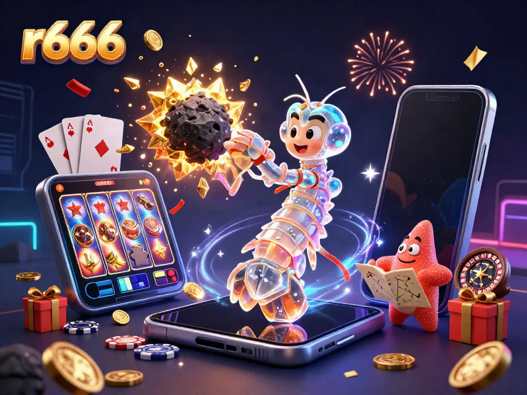 Experience the excitement of r666 casino with a dynamic 3D illustration of games and prizes.