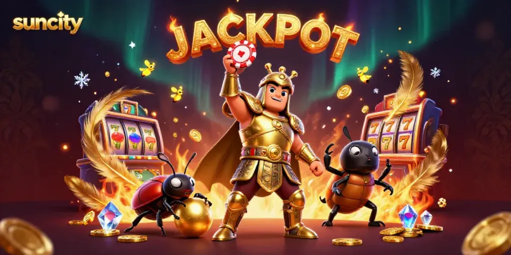 Experience the thrill of wins at Suncity with a vibrant gambling scene featuring characters and casino elements.