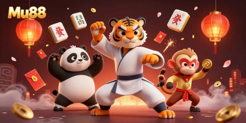 Engage with Mu88 by witnessing a vibrant 3D casino scene featuring a kung fu tiger and playful characters in action.