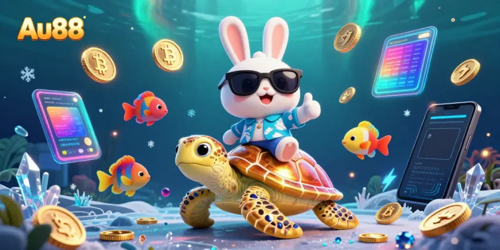 Experience exhilarating wins with Au88 as a lucky rabbit rides a golden turtle in a virtual casino.