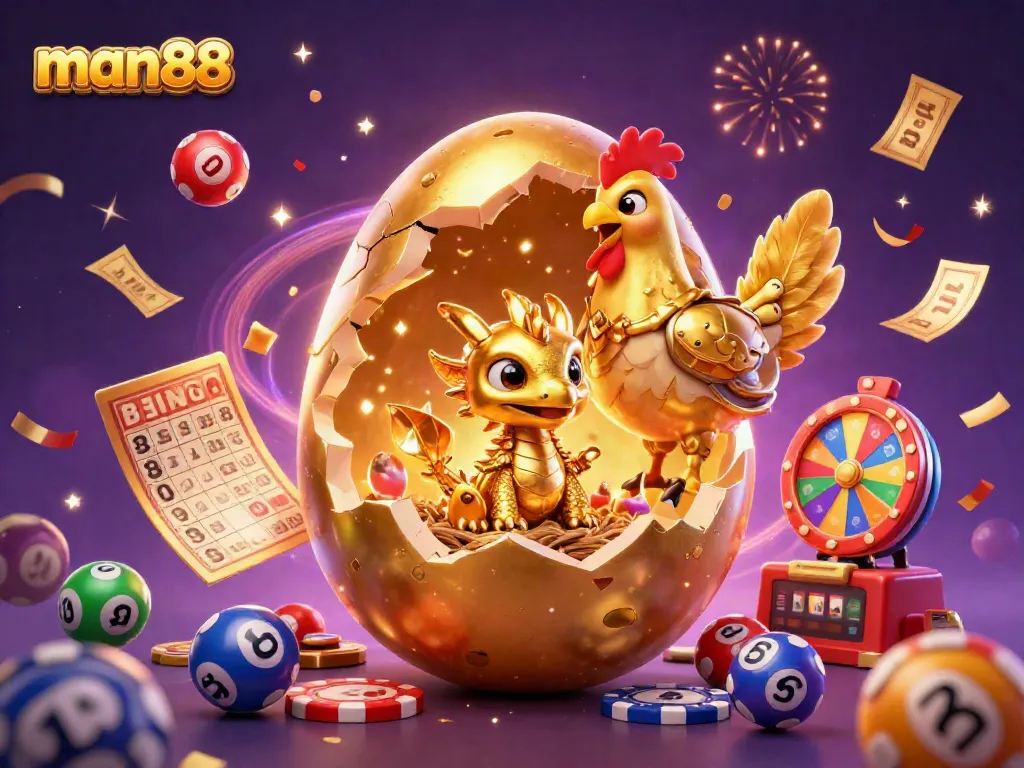Experience the excitement of man88 with a golden dragon amidst casino elements in vibrant party atmosphere.