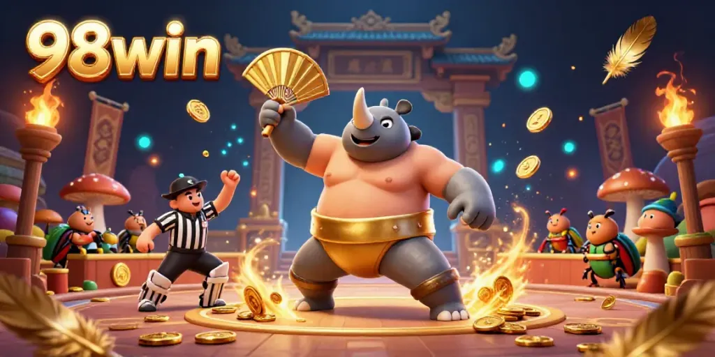 Experience the excitement of 98win with vibrant characters in a dynamic casino setting, featuring a sumo beetle champion.