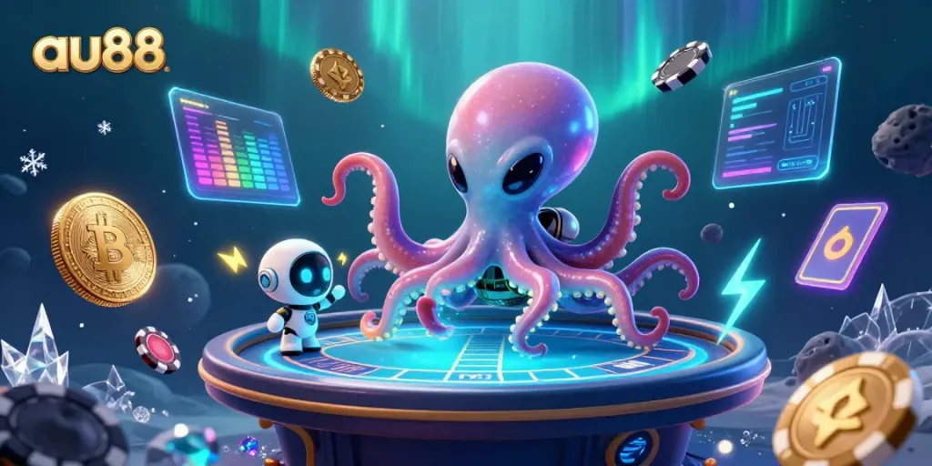 Engage with au88's thrilling poker scene featuring a cartoon alien octopus hosting a vibrant game.