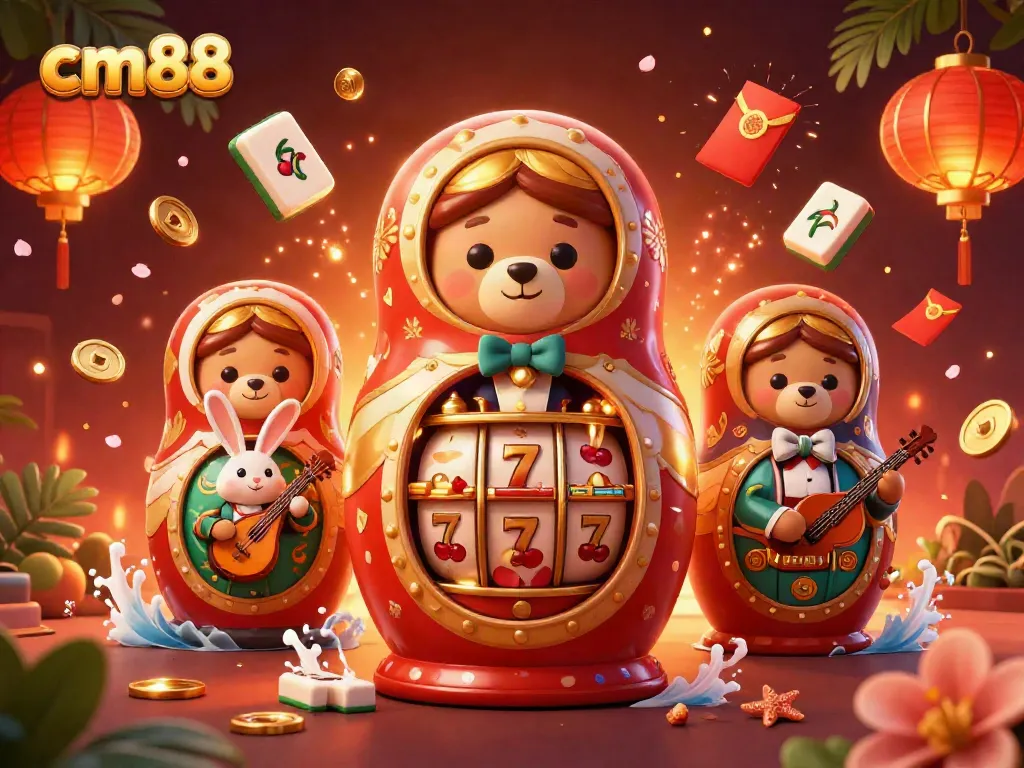 Experience cm88 with vibrant 3D casino illustration showcasing slot reels, characters, and festive elements.