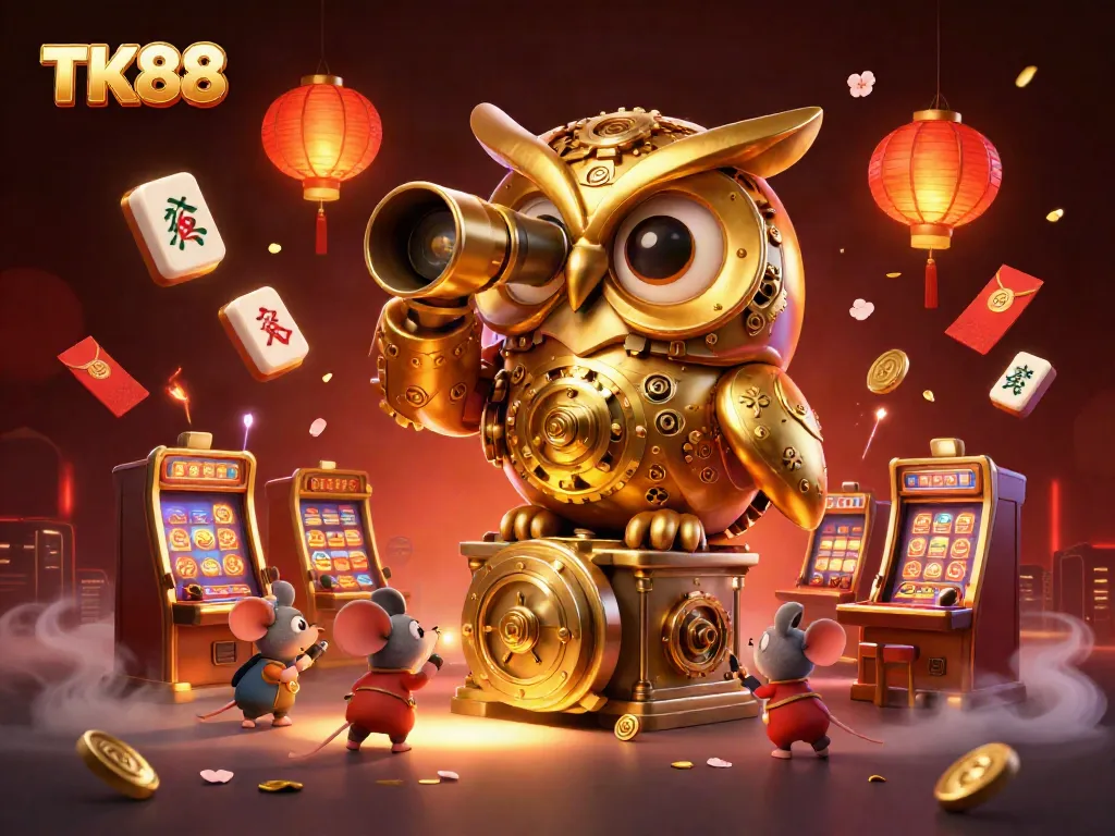 Experience thrilling gameplay with TK88 featuring a majestic golden owl watching over the bustling casino floor.