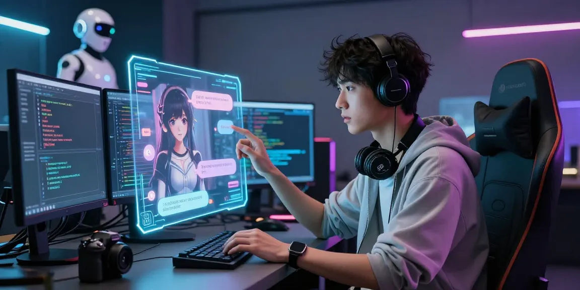 Interactive AI chat hentai experience in a futuristic digital workspace with vibrant visuals.