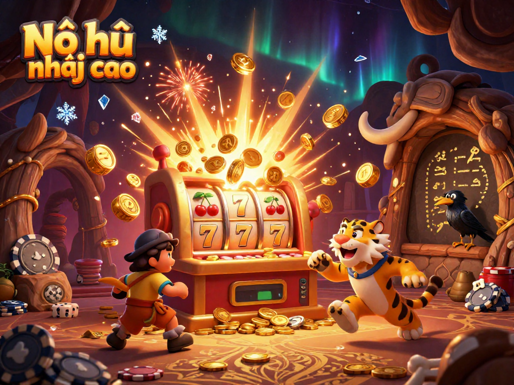 Nổ hũ nhảy cao bursts with excitement showcasing a thrilling slot machine experience amidst prehistoric casino charm.