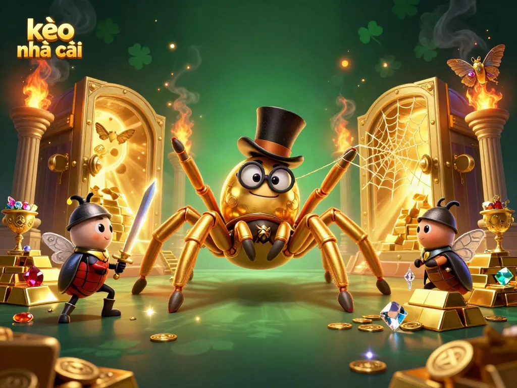 Engage with the exciting kèo nhà cái world in this vibrant 3D illustration showcasing a golden tarantula and beetle knight.