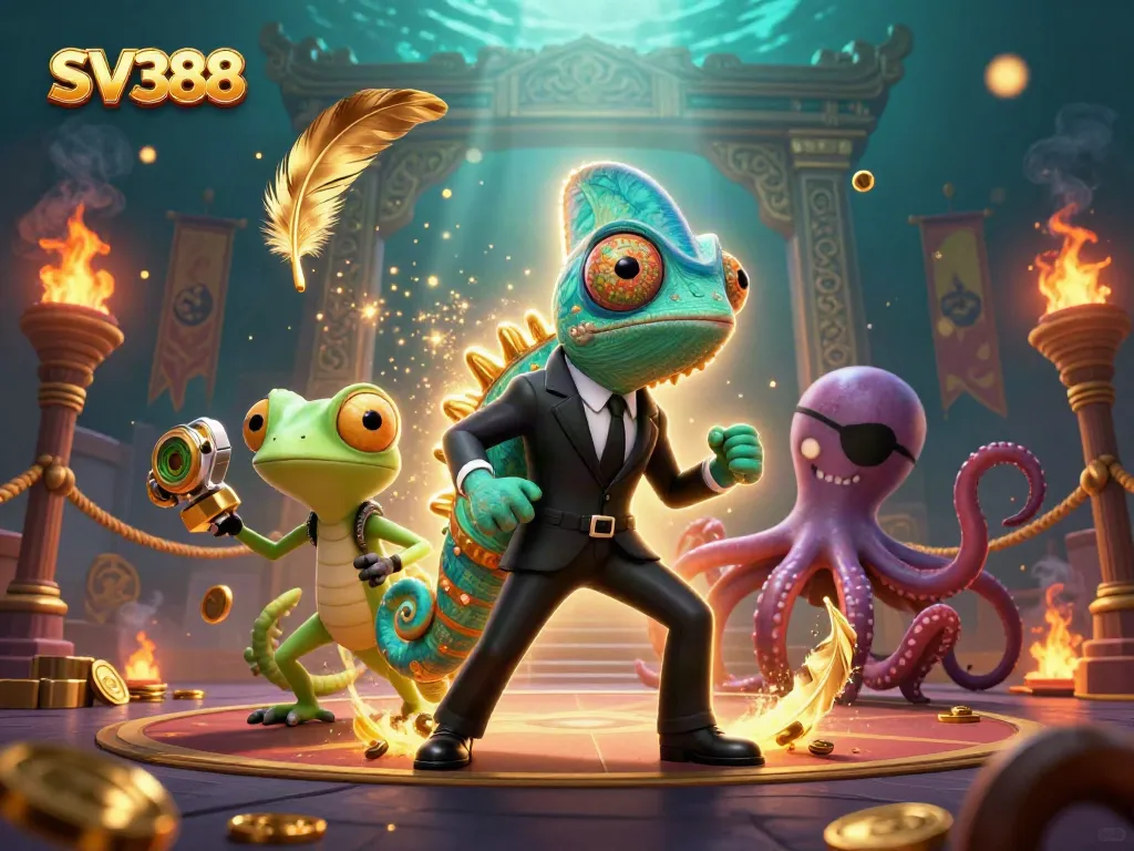 SV388 showcases a thrilling chameleon secret agent amidst an arena filled with feathers and golden tokens.