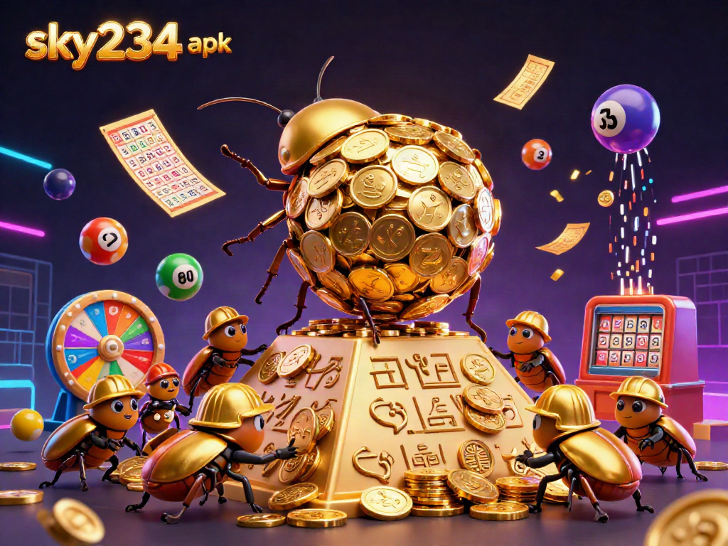 Engage in the excitement of sky234 apk with golden beetles and colorful lottery elements in a vibrant casino scene.