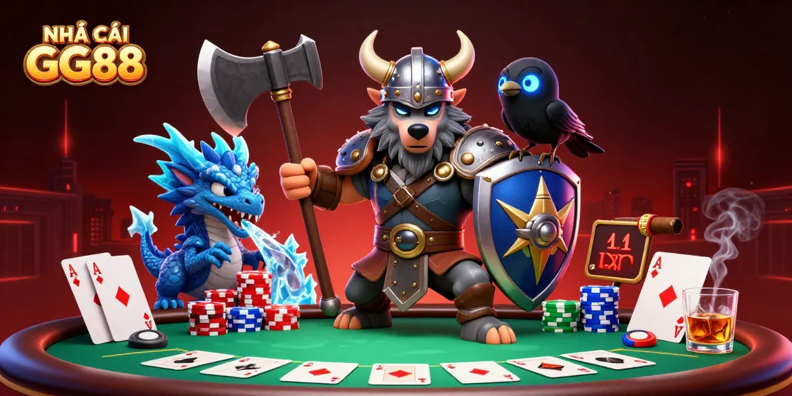 Experience thrilling gaming with NHÀ CÁI GG88 featuring a Viking warrior, dragon, and captivating poker elements.