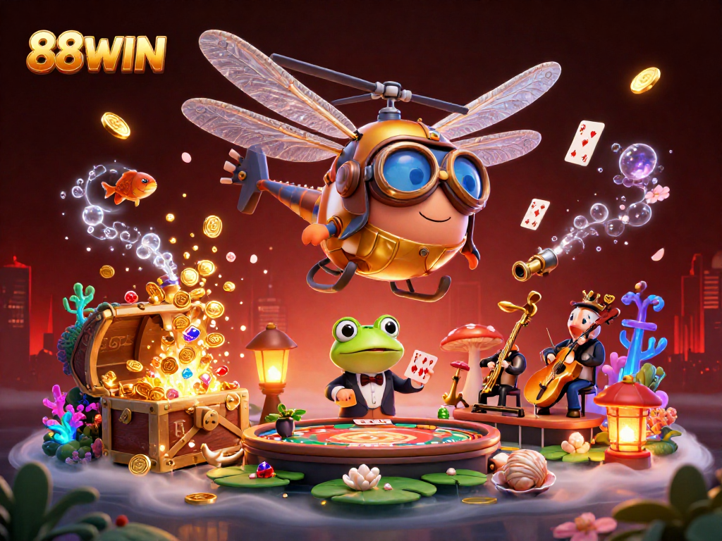 Engage with an exciting 88WIN gaming experience featuring a vibrant lily pad casino scene packed with action and detail.