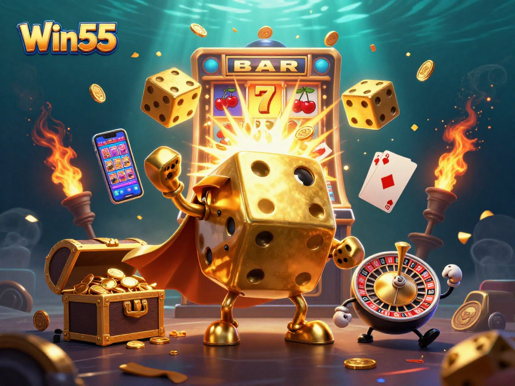Win55 showcases vibrant gaming excitement with dynamic dice and slot machines in action.