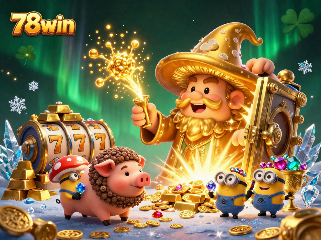 Experience the magic of 78win with a golden mushroom wizard and dazzling casino treasures.