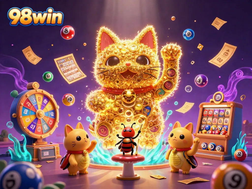 Experience the thrilling excitement of 98win with vibrant casino elements and dynamic lottery prizes.