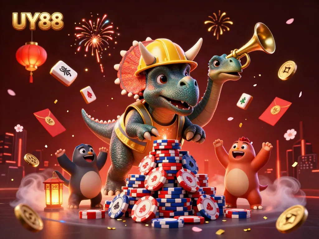 Experience UY88's vibrant casino scene with a cheering dinosaur duo amidst colorful celebrations.