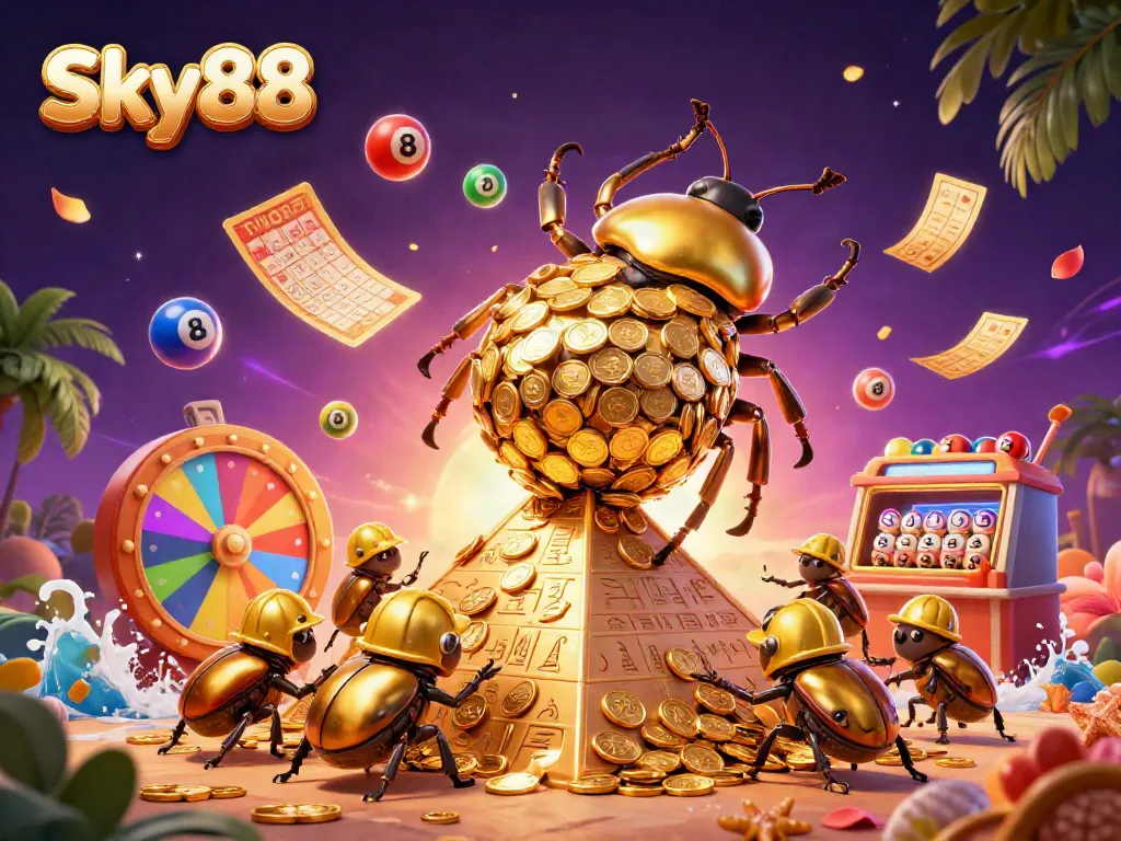 Join the excitement at Sky88, where massive golden beetles roll casino coins amidst vibrant lottery elements.